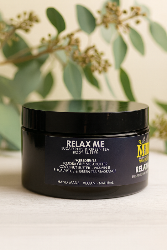 Black jar of 'Relax Me' body butter with eucalyptus and green tea fragrance on a neutral background.